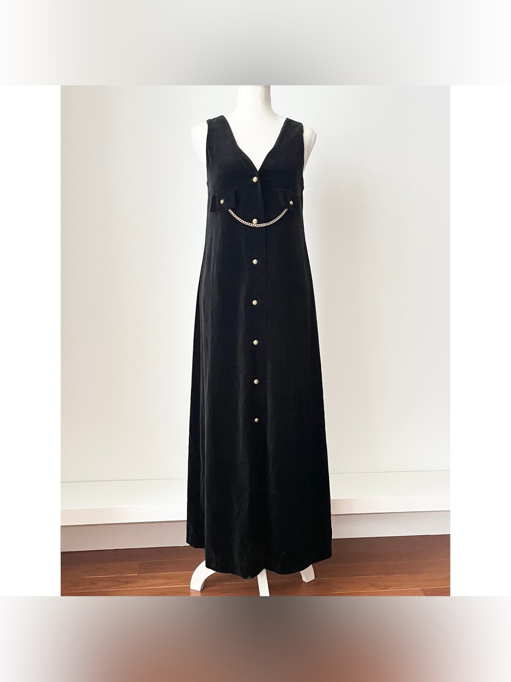 Vintage Sunny Lee Velvet Maxi Dress Black XS Gold Buttons Chain Whimsigoth Y2K